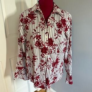 Foxcroft Red and White Casual Button Down Shirt with Floral Stripes